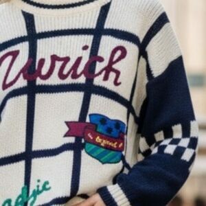 "Zurich" Preppy Heavy Knit Patches Cream and Black Sweater